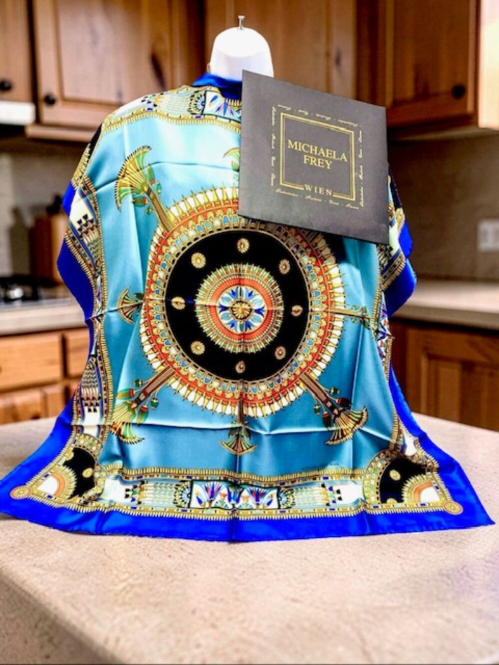 New W/Box Italy Made Michaela Frey Wien 100% Silk Scarf 34" Blue Teal Art  (67)